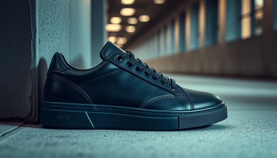 black leather sneakers